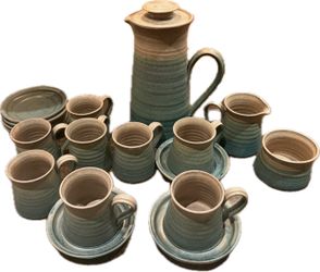 Stoneware Coffee Set - 8 Cups and 8 Saucers, Coffee Pot, Creamer and Sugar Bowl