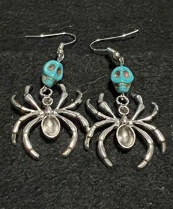 Turquoise Skull + Silver Plated Spooky Spider Earrings 1x1 * Great for Halloween