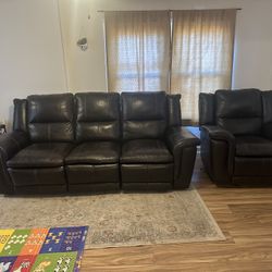 Brown Leather Reclining Couch and Armchair Set
