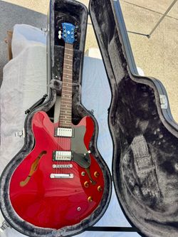 Mint 2005 Epiphone DOT Hollow Body Electric Guitar in Cherry Red with Original Hardshell Case.