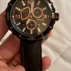 Mens Black Fossil Watch Leather 