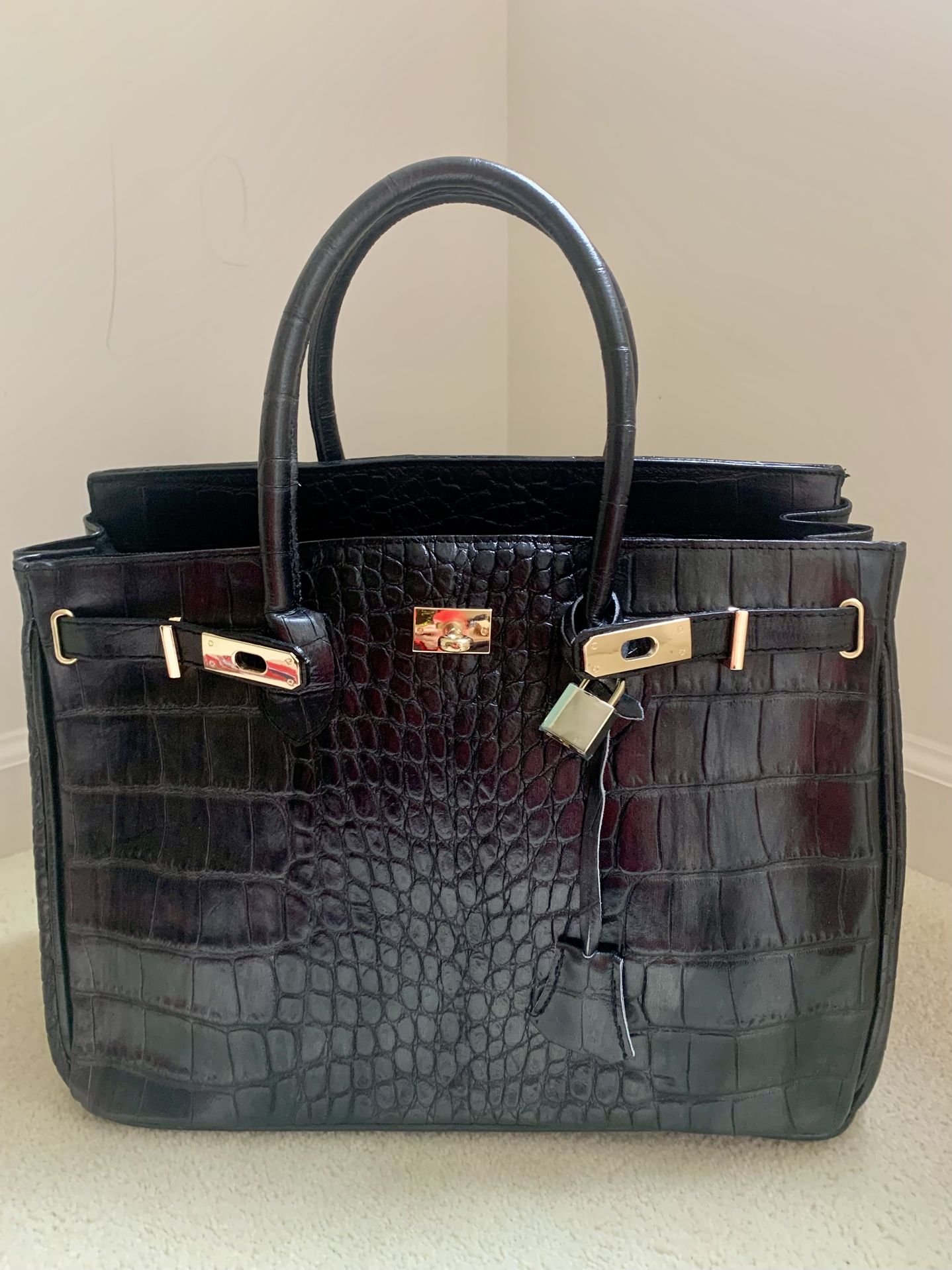 Black Gold 100% Genuine Calfskin Italian Croco Embossed Large Leather Bag Handbag Tote Made In Italy New NWT