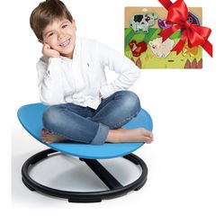 Kids Sensory Swivel Chair, Sensory Spinning Chair for Autism Kids, Body Coordination Training Chairs, Spin Seat, Metal Base, Non-Slip Design (Blue)