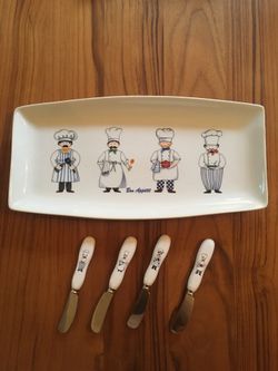 Cute French appetizer set - cheese plate, knives, napkins, coasters