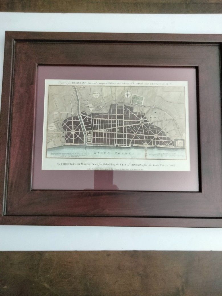 ANTIQUE ORIGINAL 250-YEAR-OLD MAP OF SIR CHRISTOPHER WREN'S PLAN FOR REBUILDING THE CITY OF LONDON AFTER THE GREAT FIRE OF 1666 ENGRAVING FRAMES