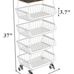 Fruit Basket for Kitchen with Wood Top 5 Tier, Stackable Fruit and Vegetable Storage Cart, Wire Storage Basket with Wheels