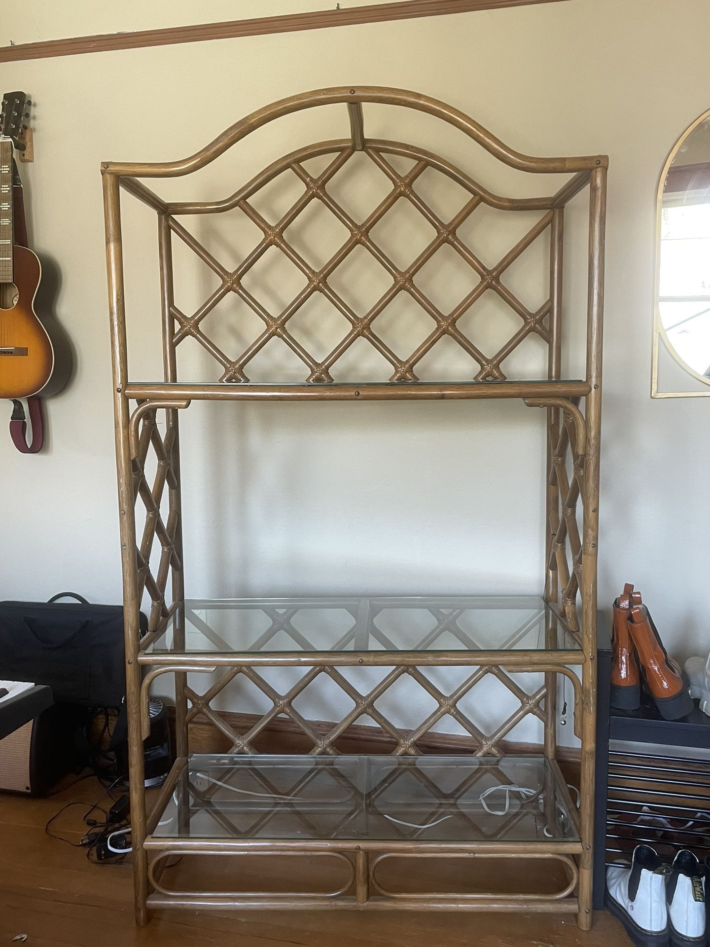 Large Vintage Bamboo Rattan Shelf - Three Tier