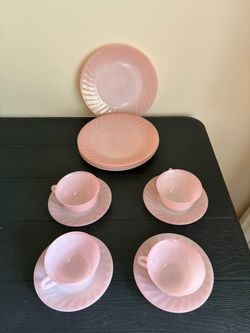 Vintage Fire-King Pink Swirl Shell Dinnerware 12 Piece Set