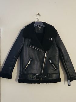 Guess Lena Belted Faux-Shearling Asymmetric Moto Coat Size: M Color: Black 