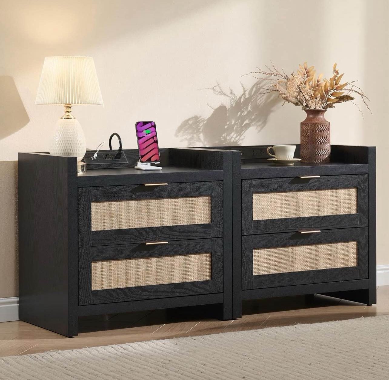 Set of 2 Bed Side Table - Boho Night Stand End Table with Type-C Charging Station, 2 Rattan Decor Dr