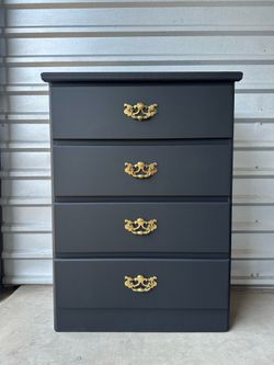 Refinished Matte Black Solid Wood 4-Drawer Dresser - Vintage Brass Hardware