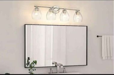 Brushed Nickel Bathroom Vanity Light Bar Bell Shaped Seeded Clear Glass 30 in, 4 Lights, Dimmable, Rustproof