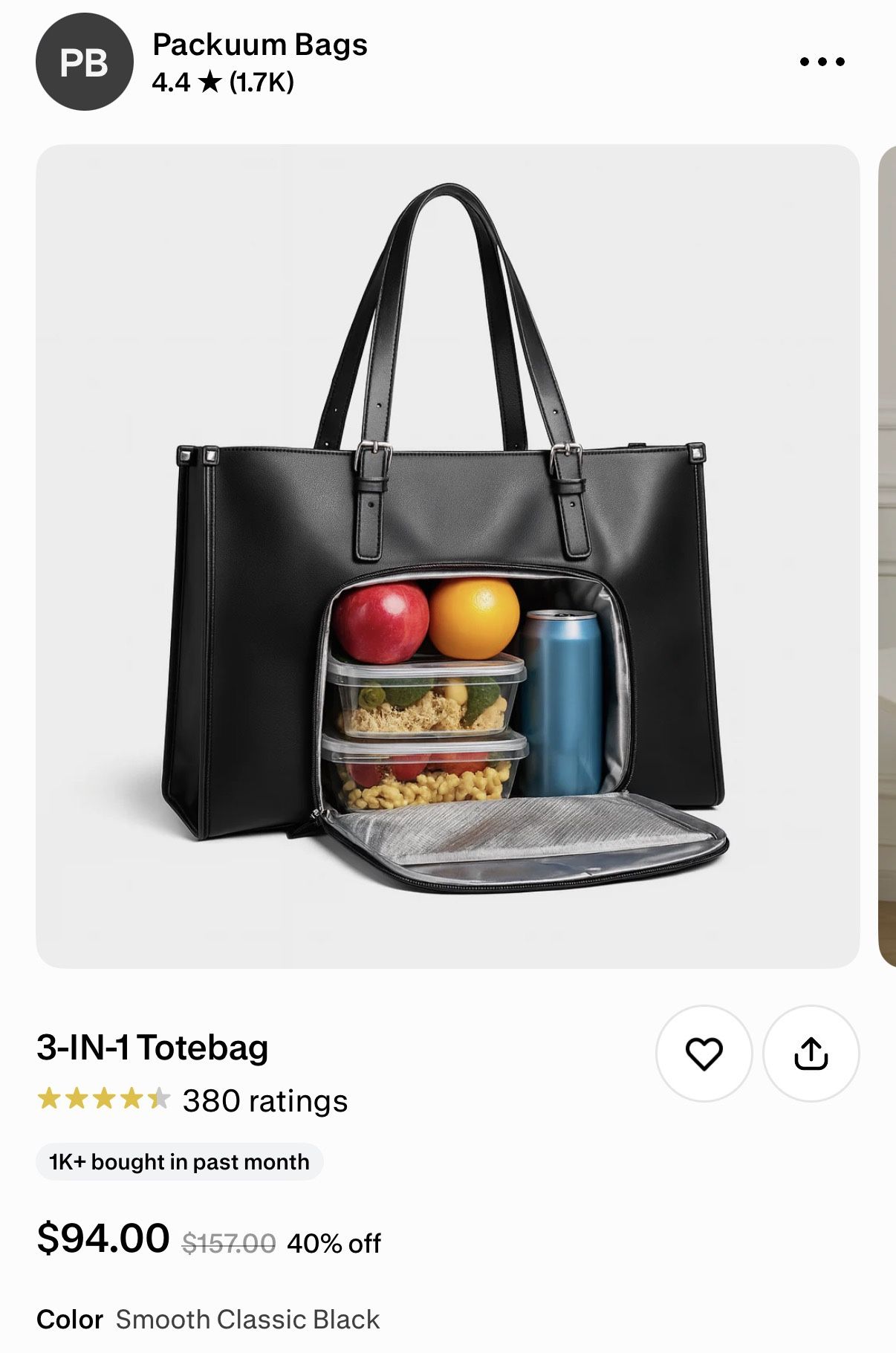 NEW Packuum 3-in-1 Laptop & Lunch Tote – Smooth Black