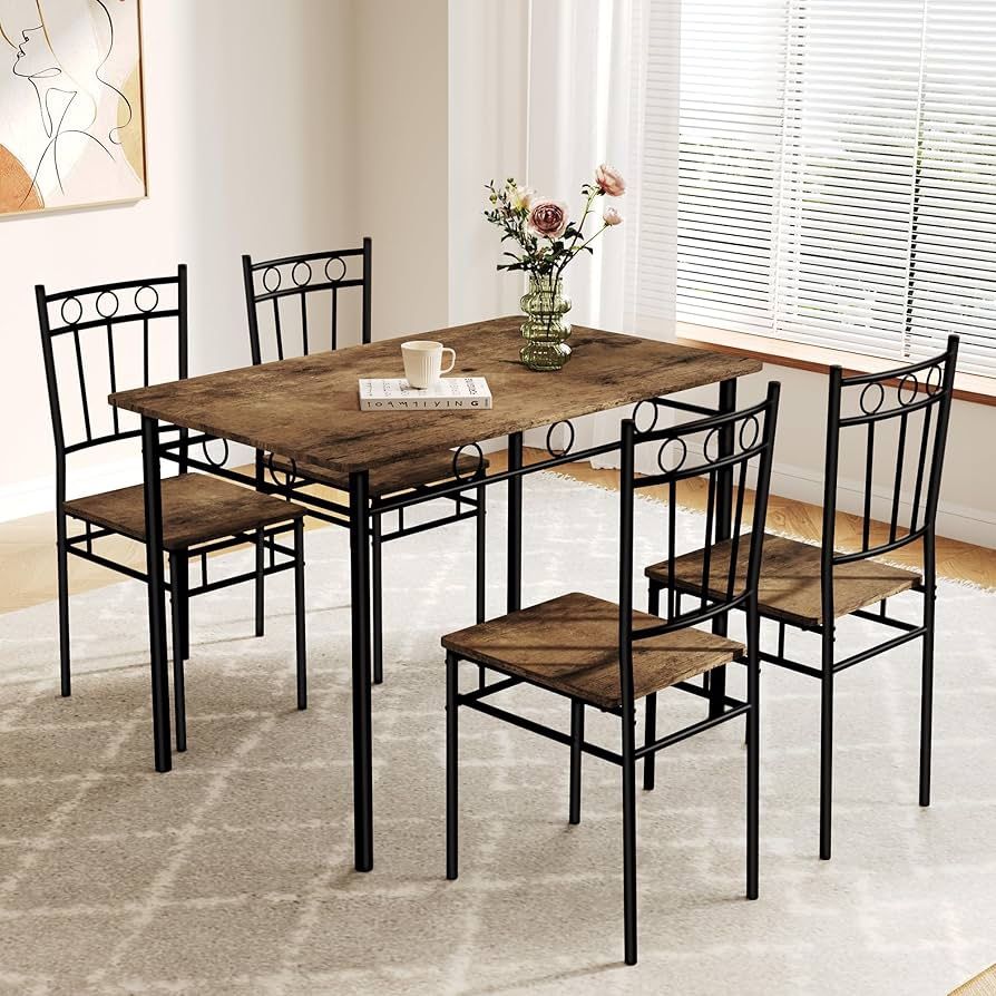 G-Dining Table Set for 4, 5-Piece Kitchen Table and Chairs, Rectangular Dining Room Table Set with 4 Chairs, Space-Saving Kitchen Table Set for Small