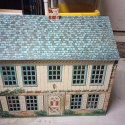Vintage Louis Marx Tin Metal Litho Dollhouse With Furniture Accessories Babies Baby Children Kids Toy
