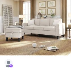 ZeeFu Couch for Living Room - 78’’ Beige Linen 3 Seat L-Shaped Sectional Sofa Couches with Storage Ottoman - Modern Small Space Upholstered Furniture 