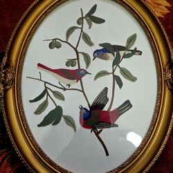 Vintage Crewel Embroidery 3 Song Birds Pearched on Leafy Branches Oval Gold Frame 18.5"×15"