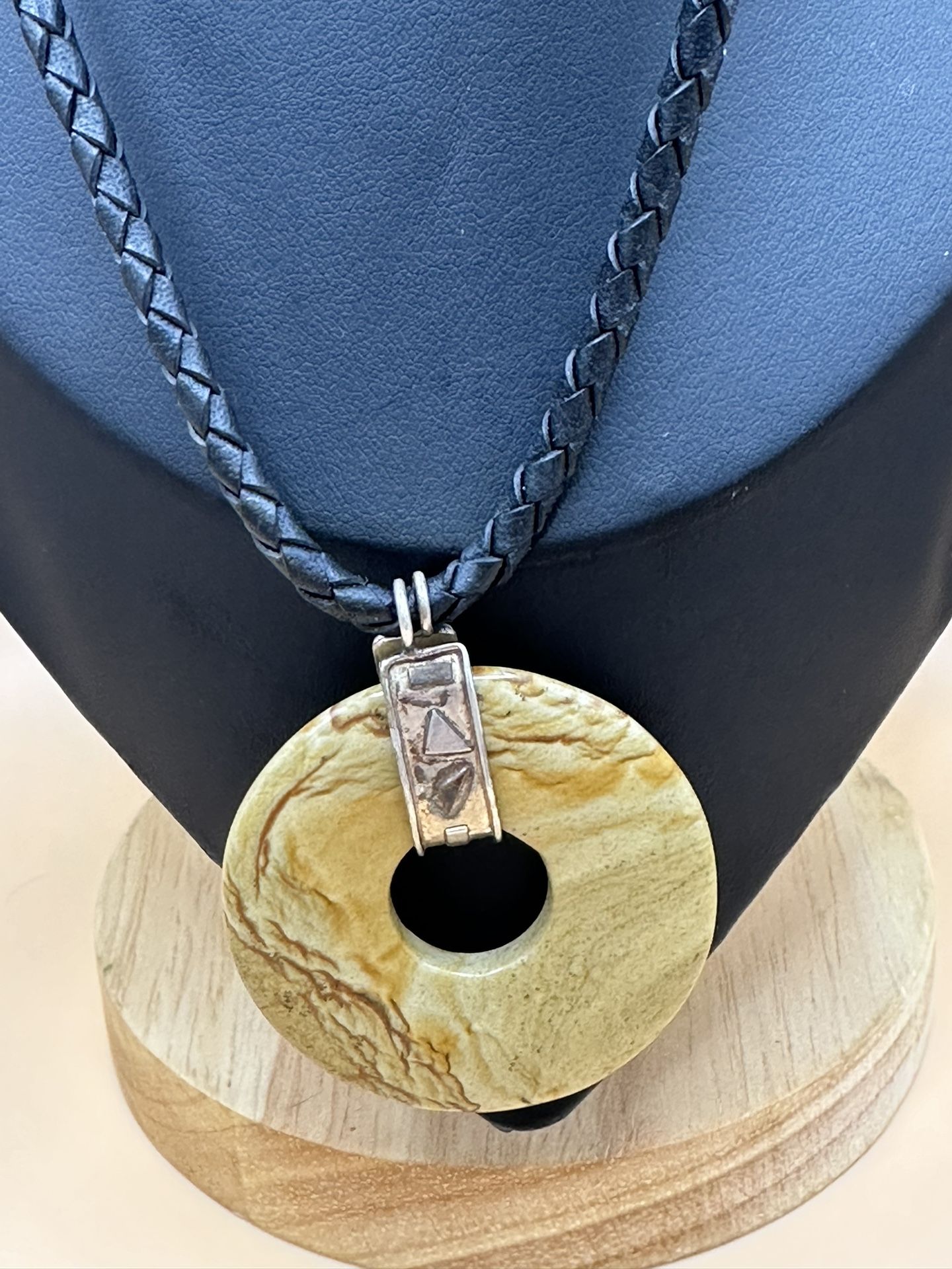 Vintage Jasper Stone Round Pendant Bronze Bail Leather Braided Cord 925 Clasp 17” Long 1 3/4” Diameter Good Condition