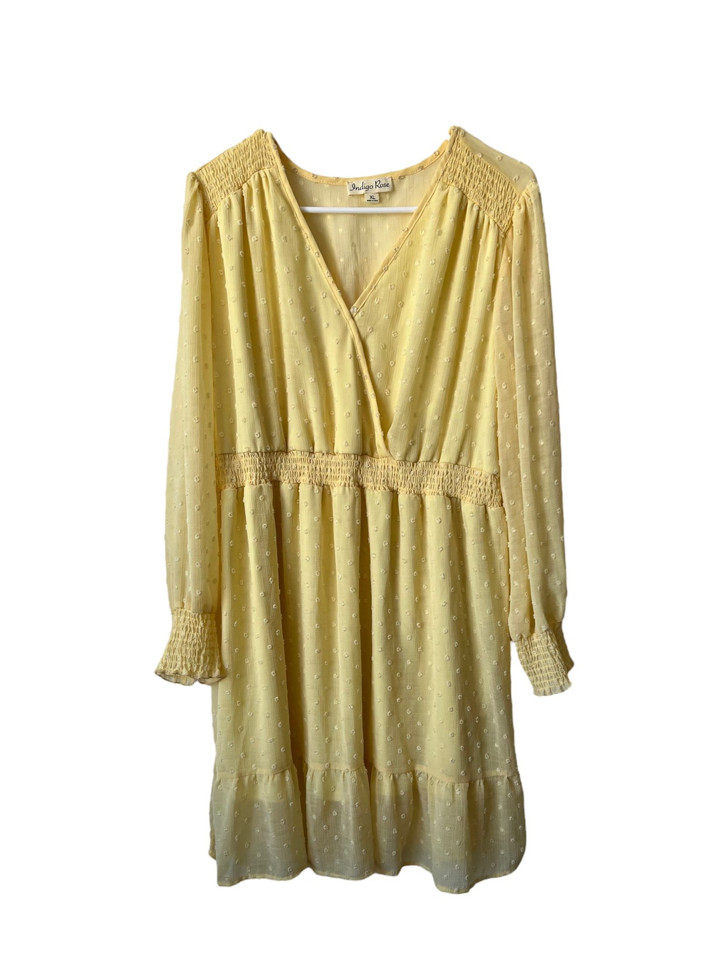 Indigo rose vintage yellow long sleeve dress ruffle polyester circle linen XL The dress is a pale yellow elastic decor on shoulder and waist has elast