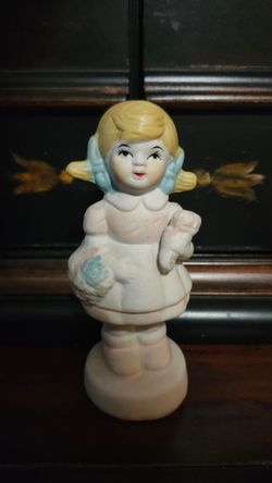 Vintage Bisque Porcelain Girl Figurine | Mid-Century Pink Dress, Blue Bows (Cottagecore)