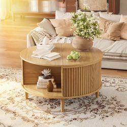 New Round Coffee Table with Storage, Fluted Lift Top Coffee Tables for Living Room, Mid Century Modern Round Center Table with Sliding Cabinet Door, L