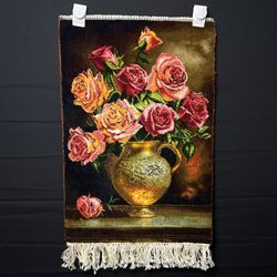 Persian Pictorial Rug Hand Knotted Flower 23”x15” 58X38cm w/Rug Hangers