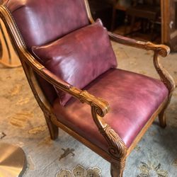 Ornately Carved Solid Oak Lounge/Accent Chair with Genuine Leather Upholstery