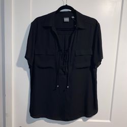 New Soho Black New York Company Womens Short Sleeve Collared V Neck Blouse size X-Large