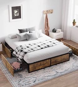 Queen Bed Frame with 4 Storage Drawers - Walnut/Black
