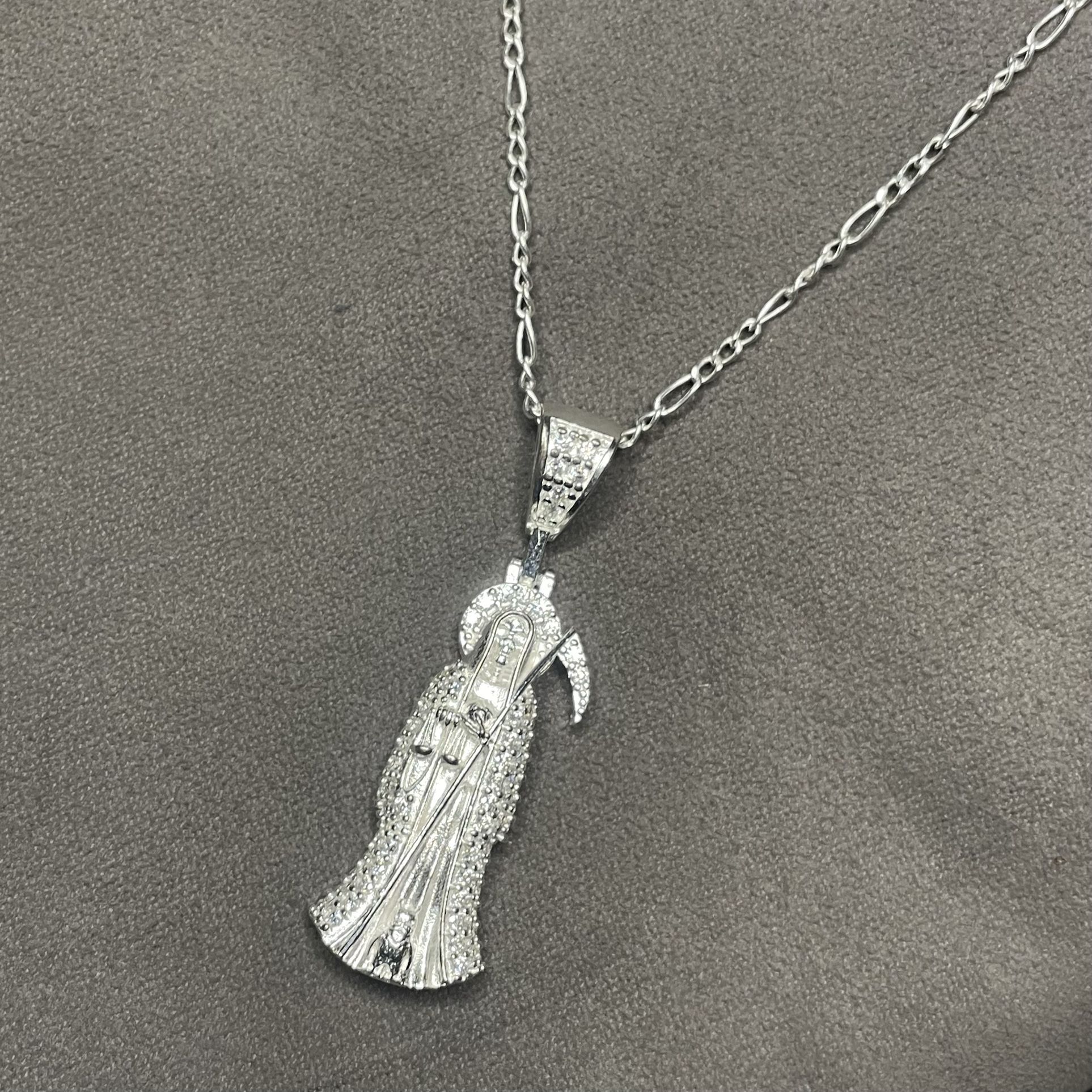 Santa Muerte Pendant w/ 20” Figaro Chain – 925 Sterling Silver & Clear CZ Stones