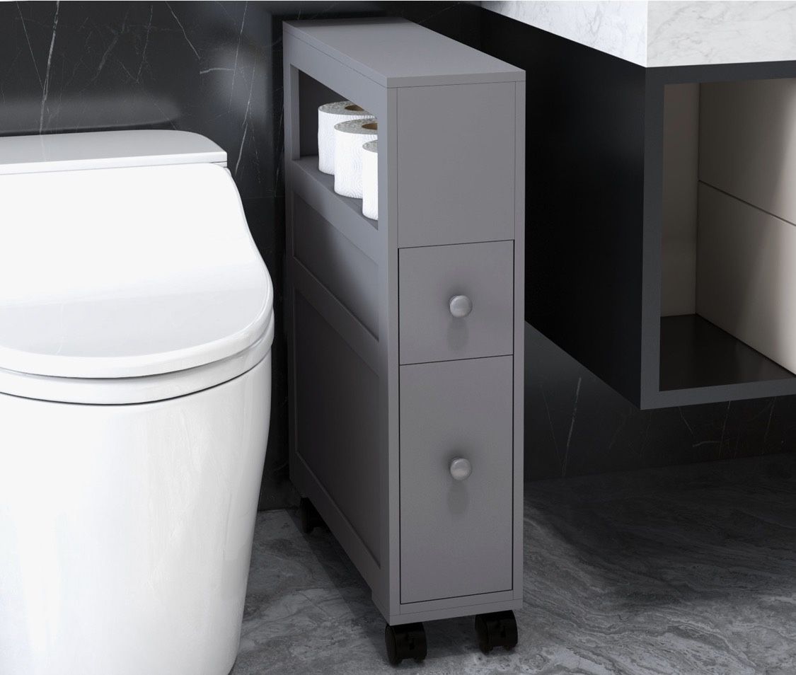 NEW! Space Saving Narrow Bathroom Storage Cabinet, Toilet Paper Holder with Drawers & Rolling, Gray