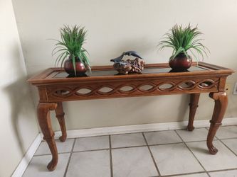 Traditional Wooden Console Table Glass Paneled top Elegant Laticework Apron. Entry Accent