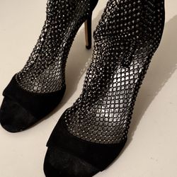 Nine West Imery Mesh Peep Toe Booties Black Size 9 Heels Crystals