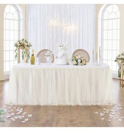 167in Ivory Tulle Table Skirts for Rectangle Tables 6/8ft, 2 Layer Gold Grim Ruffle Cream Tulle Tutu Table Skirt 14ft Decor Wedding Birthday Party Bab