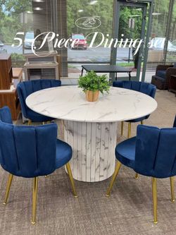 5-Piece Dining Set✨47”Dining Table + 4 Blue Velvet Chairs with Gold Legs, Modern & Elegant Design, Comfortable Seating for 4, Perfect for Dining Room,