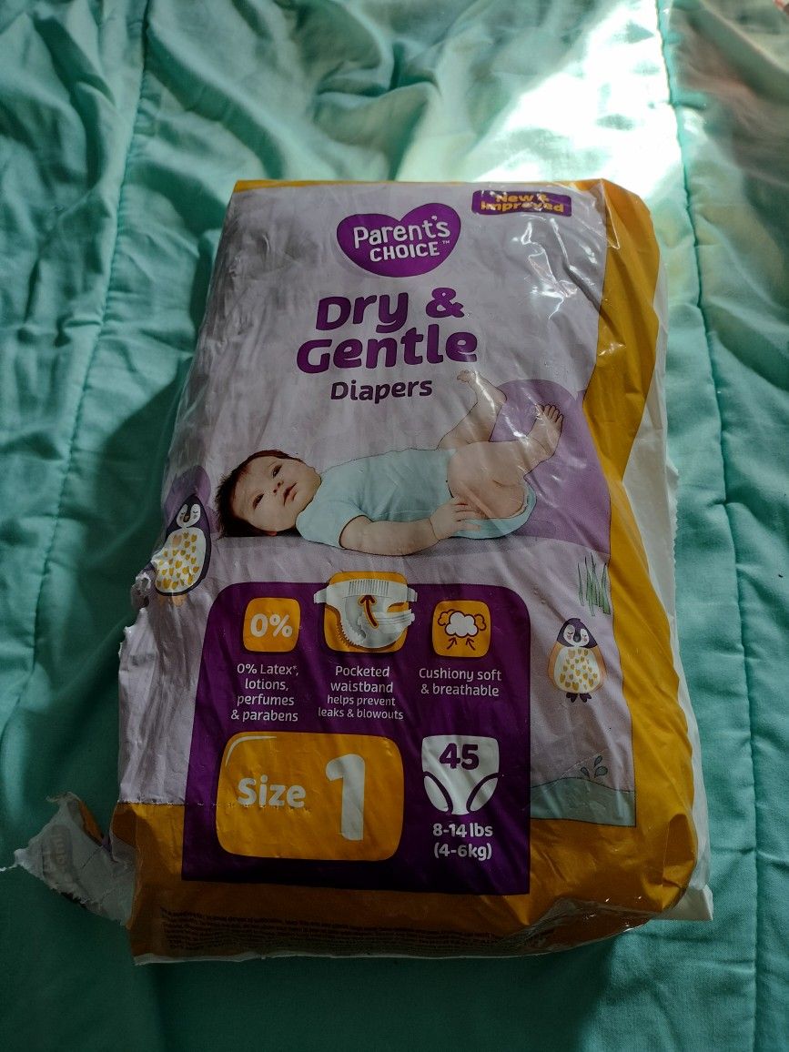 Parent’s Choice Dry & Gentle Newborn Diapers 45 Count  Each 8-14 lbs NEW Size 1