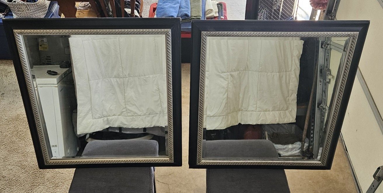 Great Find! Pair (2) of Matching Black/Silver Scroll Framed Beveled Mirrors. Size 30"x33"