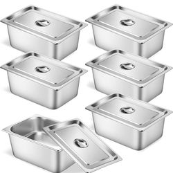 TSUBOR 6 Set Stainless Steel Hotel Pans Full Size 6 Inch Deep With Lids, Anti-Jam Chafing Steam Table Pans, Catering Food Storage Metal Pan
