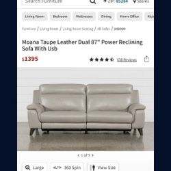 Taupe Leather Reclining Sofa