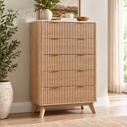 Modern Fluted 5-Drawer Chest with Marble Top
