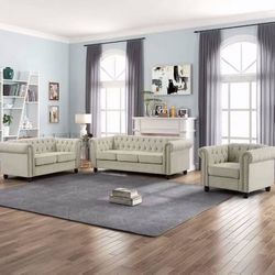 Sofa Set for Living Room Furniture 3 Pieces Button Tufted Couch Loveseat and Chair Beige,6seater 