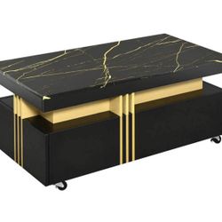 MERAX Contemporary Coffee Table With Faux Marble Top, Rectangle Cocktail Table With Caster Wheels, Moderate Luxury Center Table With Gold Metal Bars F