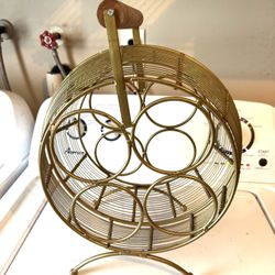 Mid Century Modern Gold Finish Metal Round Wine Rack Wood Handle 12” X 16”