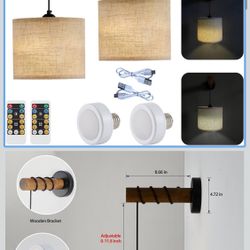 Rechargeable Battery Operated Wall Sconces Set of 2, Modern Battery Powered Wall Light with Wooden Arm & Remote Control, Adjustable 3 Colors Dimmable 