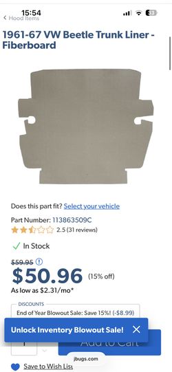 Vw Bug Trunk Liner. Fiber Board