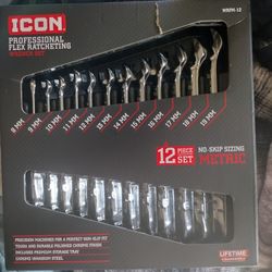 Brand New Icon Professional Flex Ratcheting Wrench Set 12 Piece Metric