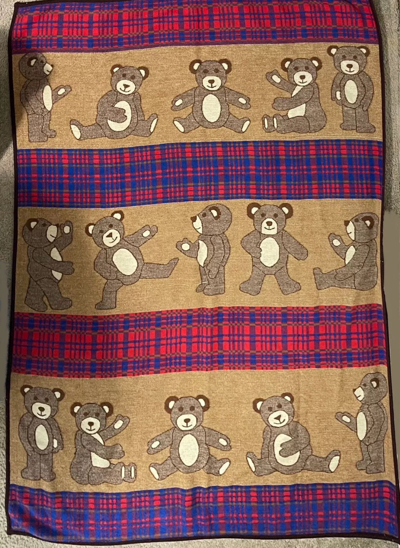 Vintage San Marcos Teddy Bear Plaid Full Size Throw Stadium Blanket 55” X 74.5”