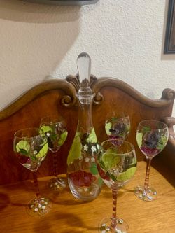 Painted wine glasses and decanter