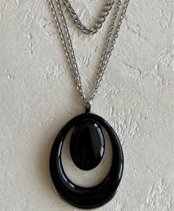 Oval Onyx Pendant Necklace, Silver Plated Backing With Adjustable Chain from 60’s