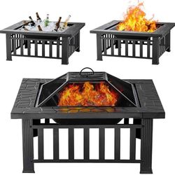 204 Panovue Fire Pit Table 32 Inch Square Metal Stove for Patio, Backyard, Garden | Multifunctional Outdoor Fireplace for Camping, Heating, Bonfire & 
